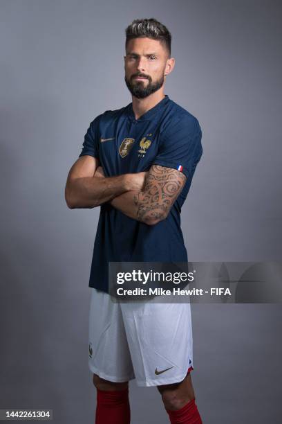 Olivier Giroud of France poses during the official FIFA World Cup Qatar 2022 portrait session on November 17, 2022 in Doha, Qatar.