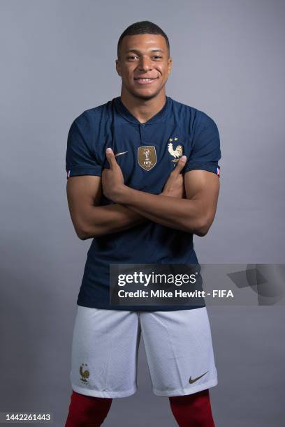 Kylian Mbappe of France poses during the official FIFA World Cup Qatar 2022 portrait session on November 17, 2022 in Doha, Qatar.