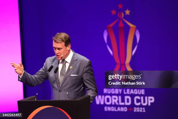 Andrew Voss Australian rugby league commentator speaks during the Rugby League World Cup Final Press Conference ahead of the Rugby League World Cup...