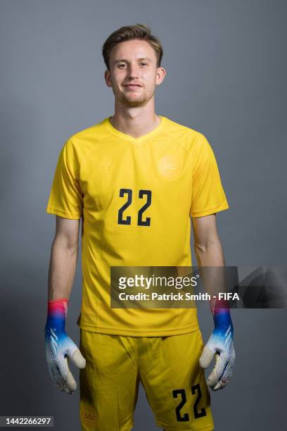 Frederik Ronnow of Denmark poses during the official FIFA World Cup Qatar 2022 portrait session on November 17, 2022 in Doha, Qatar.