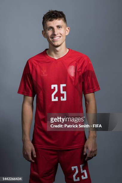 Jesper Lindstrom of Denmark poses during the official FIFA World Cup Qatar 2022 portrait session on November 17, 2022 in Doha, Qatar.