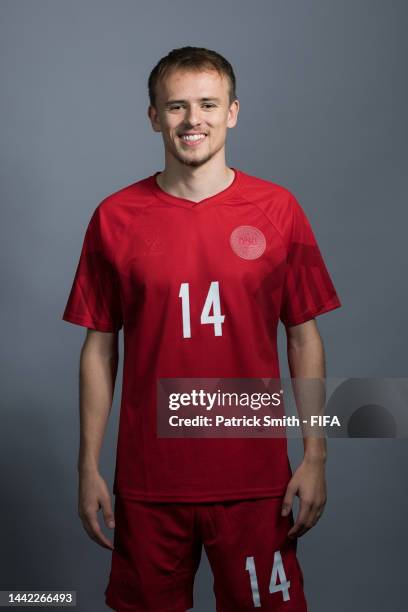 Mikkel Damsgaard of Denmark poses during the official FIFA World Cup Qatar 2022 portrait session on November 17, 2022 in Doha, Qatar.