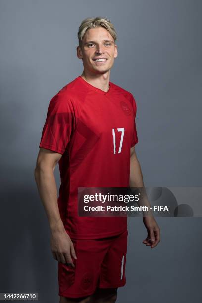 Jens Strygern Larsen of Denmark poses during the official FIFA World Cup Qatar 2022 portrait session on November 17, 2022 in Doha, Qatar.