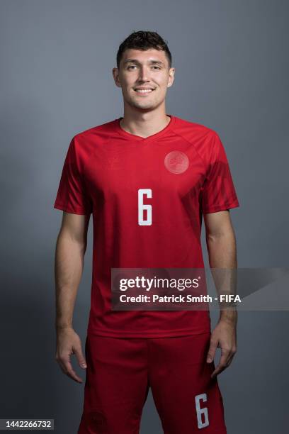 Andreas Christensen of Denmark poses during the official FIFA World Cup Qatar 2022 portrait session on November 17, 2022 in Doha, Qatar.