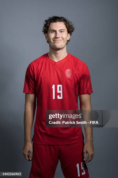 Jonas Wind of Denmark poses during the official FIFA World Cup Qatar 2022 portrait session on November 17, 2022 in Doha, Qatar.