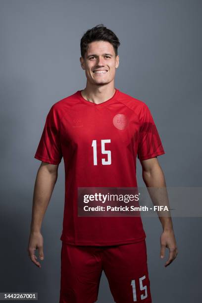 Christian Norgaard of Denmark poses during the official FIFA World Cup Qatar 2022 portrait session on November 17, 2022 in Doha, Qatar.