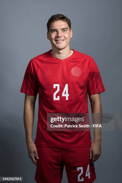 Robert Skov of Denmark poses during the official FIFA World Cup Qatar 2022 portrait session on November 17, 2022 in Doha, Qatar.