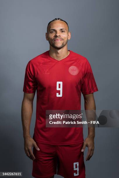 Martin Braithwaite of Denmark poses during the official FIFA World Cup Qatar 2022 portrait session on November 17, 2022 in Doha, Qatar.