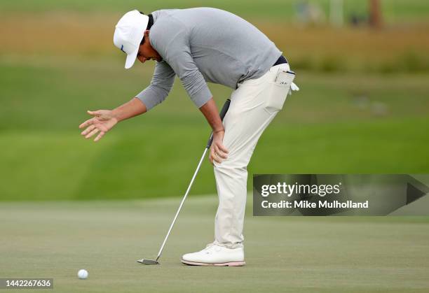 Bryson Nimmer of the United States reacts to his putt on the eighth hole at Sea Island Resort Seaside Course on November 17, 2022 in St Simons...