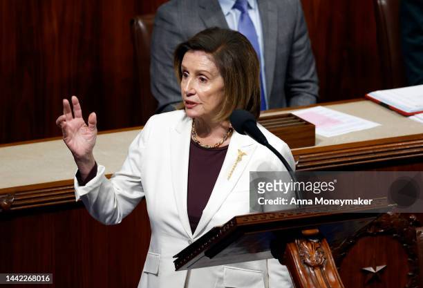 Speaker of the House Nancy Pelosi delivers remarks from the House Chambers of the U.S. Capitol Building on November 17, 2022 in Washington, DC....