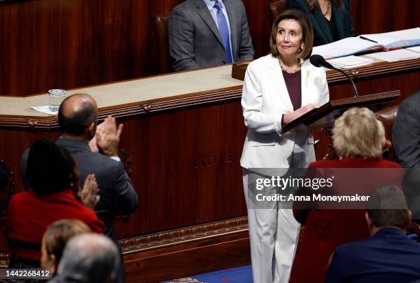 Speaker of the House Nancy Pelosi delivers remarks from the House Chambers of the U.S. Capitol Building on November 17, 2022 in Washington, DC....