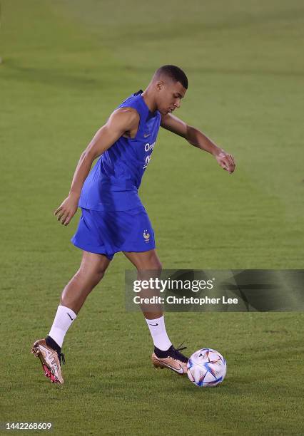 Kylian Mbappe of France in action during the France Press Conference and Training session at Al Sadd SC Stadium on November 17, 2022 in Doha, Qatar.