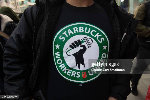 Protesters outside the Starbucks at Oxford Street on November 17, 2022 in London, England. Unite, the UK's leading union for hospitality workers has...