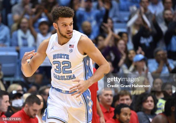 Pete Nance of the North Carolina Tar Heels reacts after making a three-point basket against the Gardner Webb Runnin Bulldogs during their game at the...