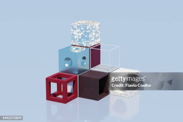 3d cubes with different materials stacked - hollow stock pictures, royalty-free photos & images