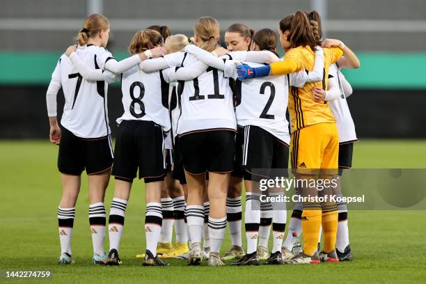 The team of Germany comes together prior to the International friendly match between U16 Girls Germany and U16 Girls Norway at Preussenstadion on...