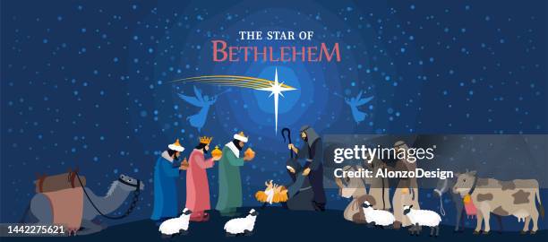 holy night. christmas night. birth of jesus. three wise men. shepherd. - catholicism stock illustrations