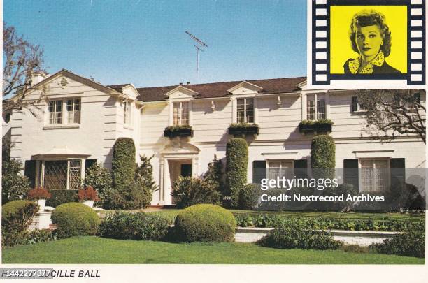 Vintage souvenir postcard published 1977 from the Homes of the Stars series, depicting mansions and grand beach estates of Hollywood celebrities in...