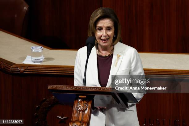 Speaker of the House Nancy Pelosi delivers remarks from the House Chambers of the U.S. Capitol Building on November 17, 2022 in Washington, DC....