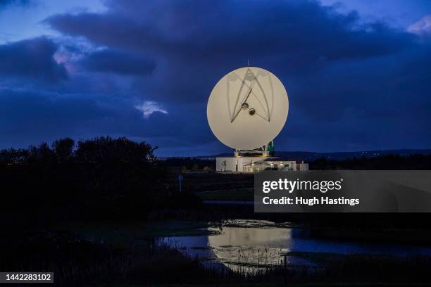 View of the GHY-6 antenna at the Goonhilly Earth Station, where operators track signals returning from satellites released from the Artemis unmanned...