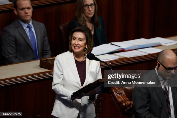 Speaker of the House Nancy Pelosi delivers remarks from the House Chambers of the U.S. Capitol Building on November 17, 2022 in Washington, DC....