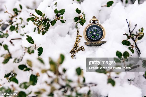 golden compass lost in the snow. snowy landscape. - wilderness rescue stock pictures, royalty-free photos & images