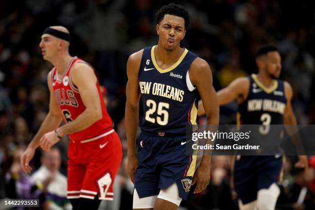 Trey Murphy III of the New Orleans Pelicans reacts after scoring a three point basket during the second half of an NBA game against the Chicago Bulls...