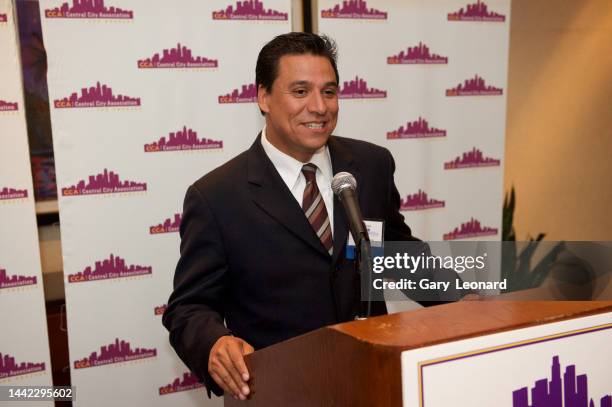 City Council Member José Huizar speaks from a podium at a Central City Association reception on October 18, 2012 in Los Angeles, California.