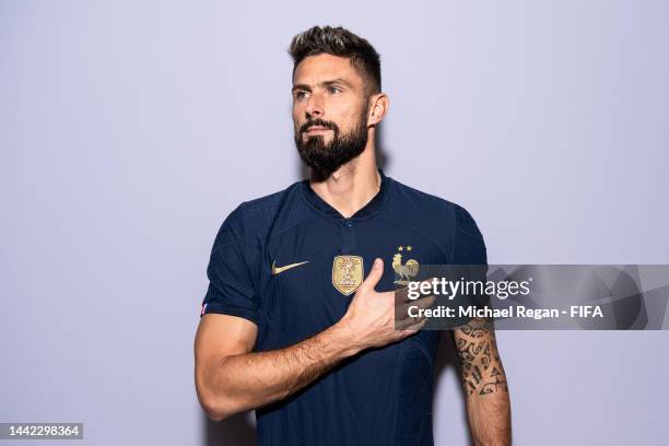 Olivier Giroud of France poses during the official FIFA World Cup Qatar 2022 portrait session on November 17, 2022 in Doha, Qatar.