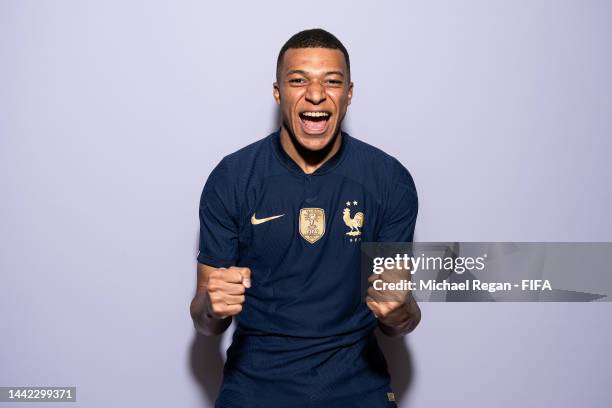 Kylian Mbappe of France poses during the official FIFA World Cup Qatar 2022 portrait session on November 17, 2022 in Doha, Qatar.