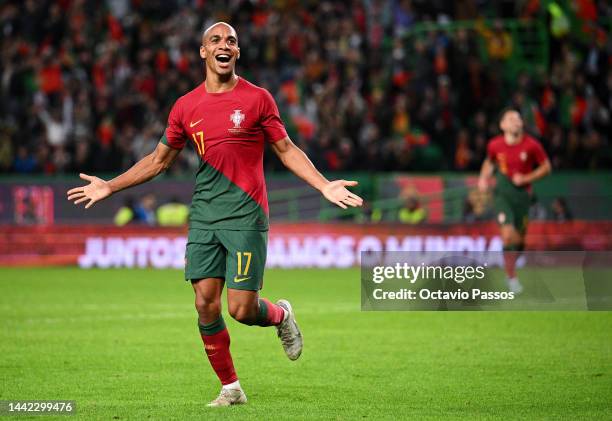 Joao Mario of Portugal celebrates scoring their side's fourth goal during the friendly match between Portugal and Nigeria at Estadio Jose Alvalade on...