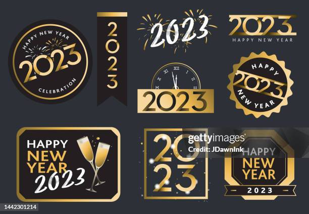 set of assorted new years 2023 celebration design labels - new years eve clock stock illustrations