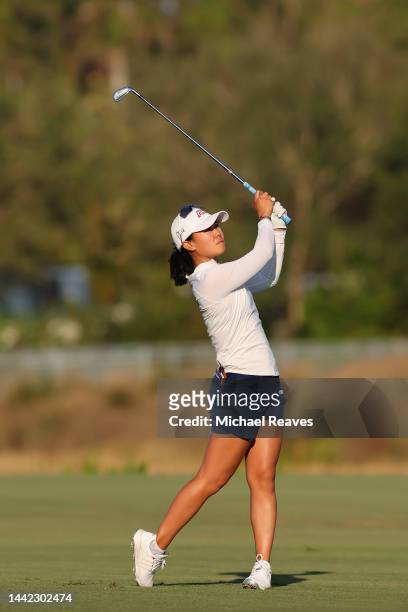 Danielle Kang of the United States plays her shot on the 18th hole during the first round of the CME Group Tour Championship at Tiburon Golf Club on...