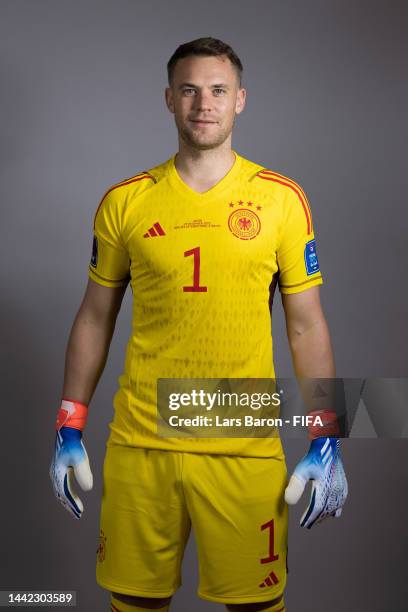 Manuel Neuer of Germany poses during the official FIFA World Cup Qatar 2022 portrait session on November 17, 2022 in Doha, Qatar.