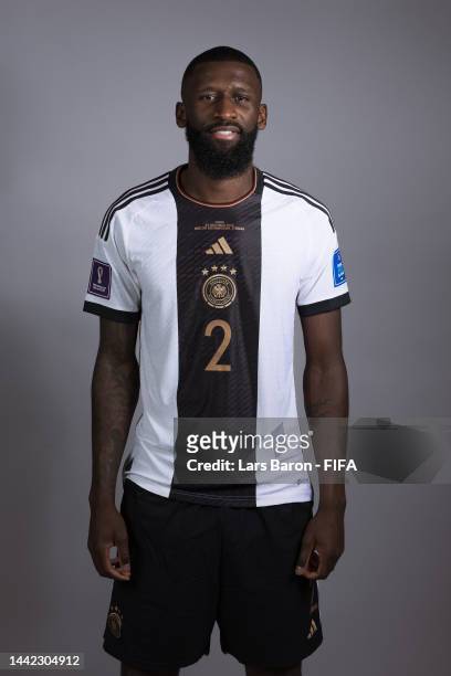 Antonio Ruediger of Germany poses during the official FIFA World Cup Qatar 2022 portrait session on November 17, 2022 in Doha, Qatar.
