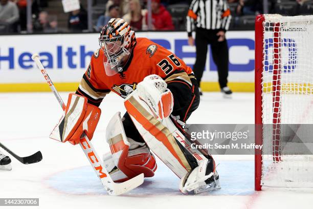 John Gibson of the Anaheim Ducks tends goal during the third period of a game against the Minnesota Wild at Honda Center on November 09, 2022 in...