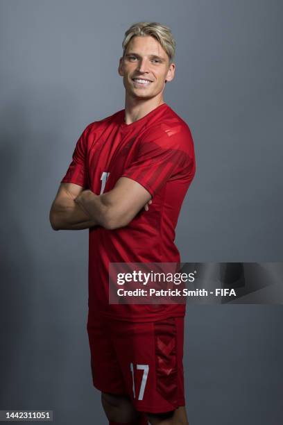 Jens Strygern Larsen of Denmark poses during the official FIFA World Cup Qatar 2022 portrait session on November 17, 2022 in Doha, Qatar.