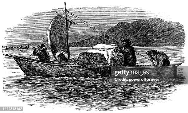 chukchi people in a traditional umiak boat on the chukotka peninsula, russia  - 19th century - siberia stock illustrations