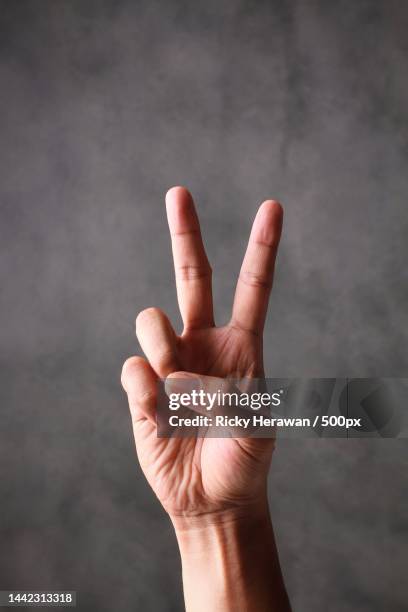 cropped hand of person gesturing against wall - zwei finger stock-fotos und bilder