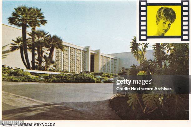 Vintage souvenir postcard published 1977 from the Homes of the Stars series, depicting mansions and grand beach estates of Hollywood celebrities in...