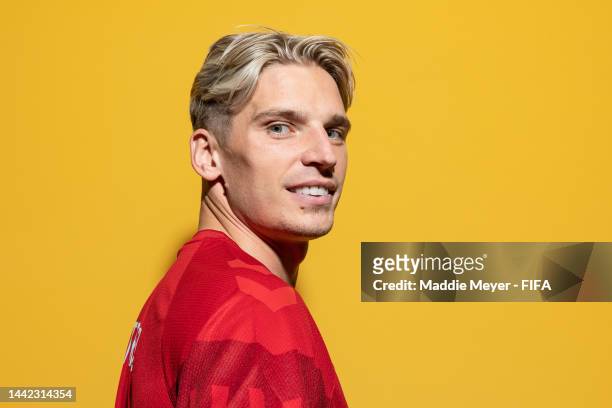 Jens Strygern Larsen of Denmark poses during the official FIFA World Cup Qatar 2022 portrait session on November 17, 2022 in Doha, Qatar.