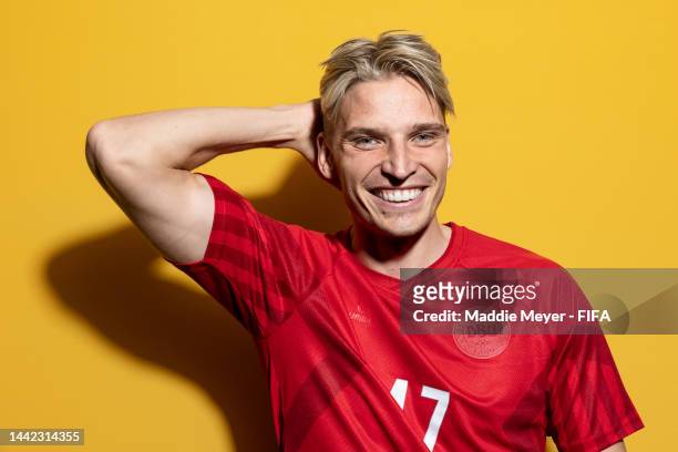 Jens Strygern Larsen of Denmark poses during the official FIFA World Cup Qatar 2022 portrait session on November 17, 2022 in Doha, Qatar.