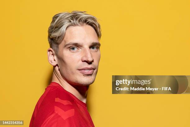 Jens Strygern Larsen of Denmark poses during the official FIFA World Cup Qatar 2022 portrait session on November 17, 2022 in Doha, Qatar.