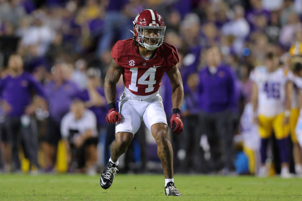 Brian Branch of the Alabama Crimson Tide in action against the LSU Tigers during a game at Tiger Stadium on November 05, 2022