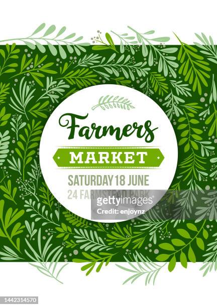 farmers market poster - farm produce market stock illustrations