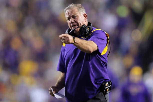Head coach Brian Kelly of the LSU Tigers reacts against the Alabama Crimson Tide during a game at Tiger Stadium on November 05, 2022 in Baton Rouge,...