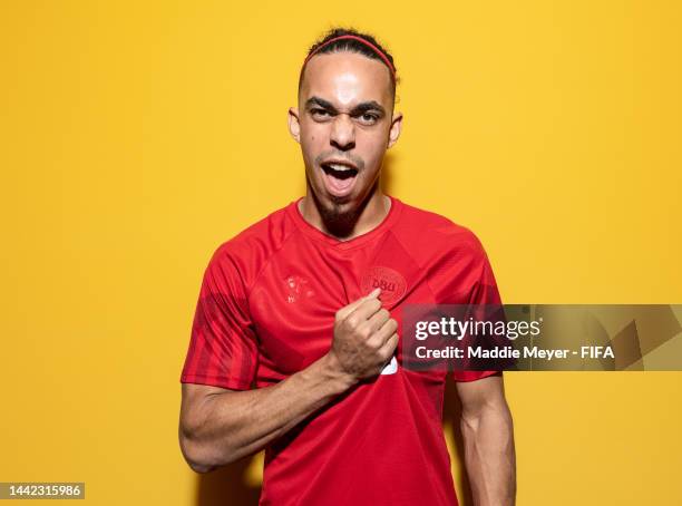 Yussuf Poulsen of Denmark poses during the official FIFA World Cup Qatar 2022 portrait session on November 17, 2022 in Doha, Qatar.