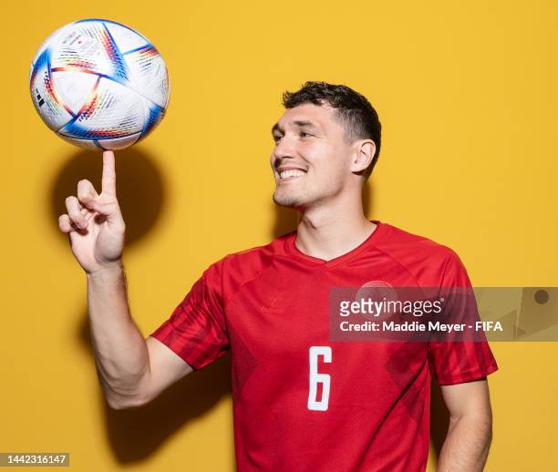 Andreas Christensen of Denmark poses during the official FIFA World Cup Qatar 2022 portrait session on November 17, 2022 in Doha, Qatar.