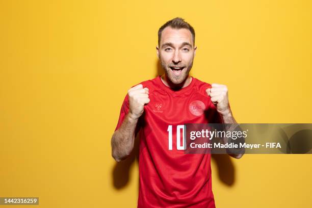 Christian Eriksen of Denmark poses during the official FIFA World Cup Qatar 2022 portrait session on November 17, 2022 in Doha, Qatar.