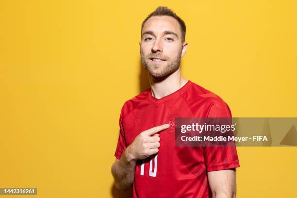 Christian Eriksen of Denmark poses during the official FIFA World Cup Qatar 2022 portrait session on November 17, 2022 in Doha, Qatar.